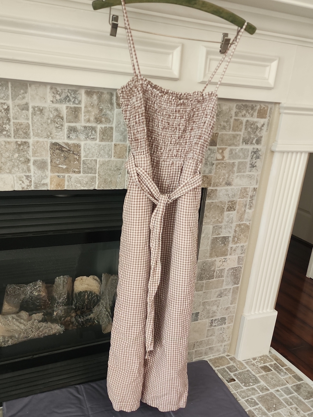 House of Harlow 1960 Brown And Cream Gingham Smocked Wide-Leg Jumpsuit